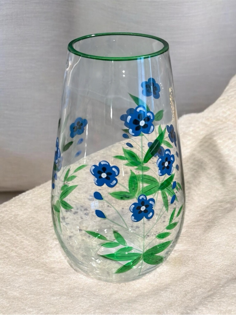 Hand-Painted Blue Floral Glass Vase with Green Trim